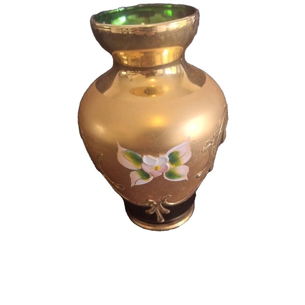 BOHEMIAN CZECH GLASS COBALT GREEN VASE, GOLD GILT, RAISED FLOWERS, KRAS (?)